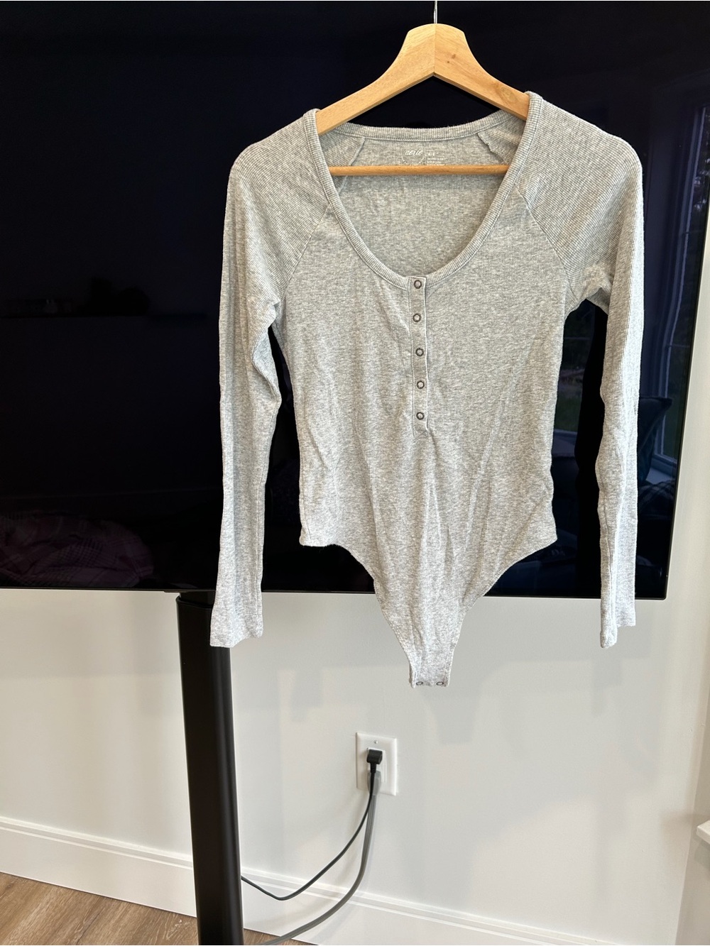 aerie Light Gray Long-Sleeve Henley Bodysuit